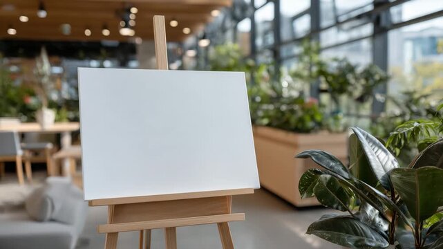 Blank flip chart on an easel centered in a stylish modern workspace, Scandinavian-inspired interior design, soft daylight and calm tones, ample negative space for text or graphics,