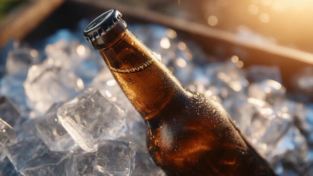 Brown beer bottle resting diagonally on ice, light glinting off edges of ice cubes, soft warm backlighting, condensation emphasizing chill, festive and relaxed summertime party aes
