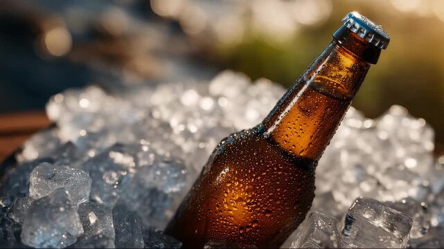 Brown glass bottle resting on a pile of ice cubes, detailed macro view with water droplets, sunlight highlighting textures, summer picnic or barbecue ambiance, thirst-quenching rea