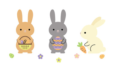 Fototapeta premium Three adorable bunnies in different shades holding Easter-themed items like eggs, a basket, and a carrot, perfect for Easter designs.