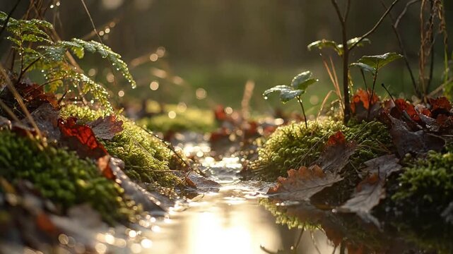 Subtle light patterns shimmering on delicate fern fronds Close-up on individual plant illuminated by caustics