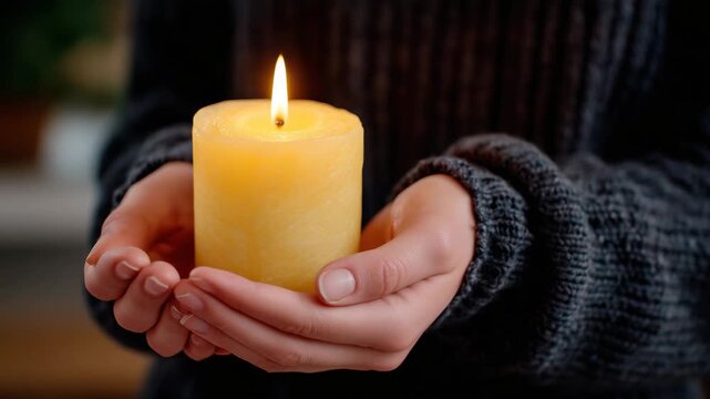 Cinematic close-up of hands presenting a lit yellow candle, glowing flame surrounded by soft shadow gradients, gentle ambient reflections on fingers, peaceful, contemplative mood,