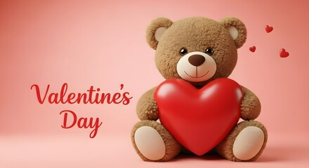 Cute brown teddy bear holding a large red heart with the text "Valentine's Day" and small floating hearts on a soft pink background.