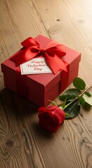 Romantic Valentine's Day gift with red box, ribbon, card, and red rose on a rustic wooden background in soft light.