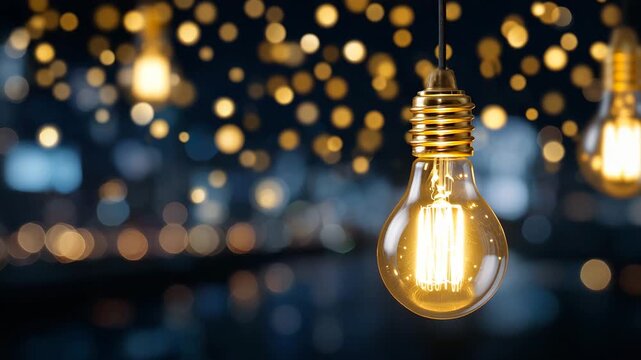 15Macro view of a single vintage Edison lightbulb suspended in a dark studio, tungsten filament burning bright, golden bokeh lights floating behind, dust particles visible in warm li