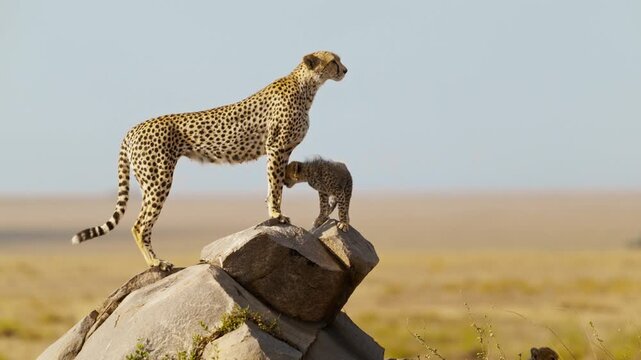 Cheetah mum with cubs standing on a rock in the middle of African savannah