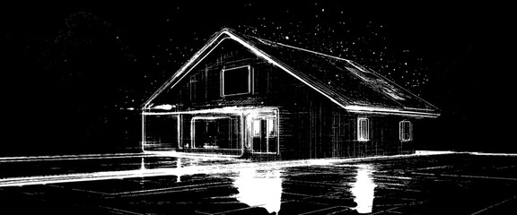 Vector old house in grange on black background