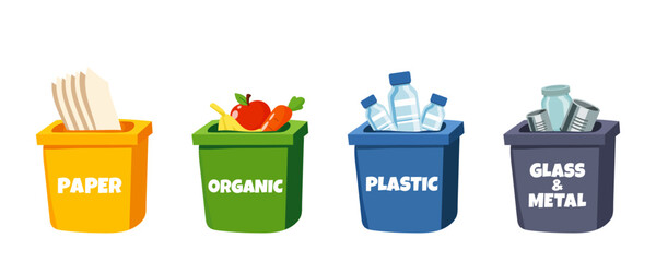 vector set of recycling bins for paper, plastic, glass, metal and organic waste, colorful containers for waste sorting, eco friendly sustainability concept