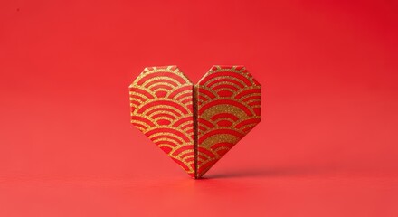 Red Origami Heart with Golden Waves