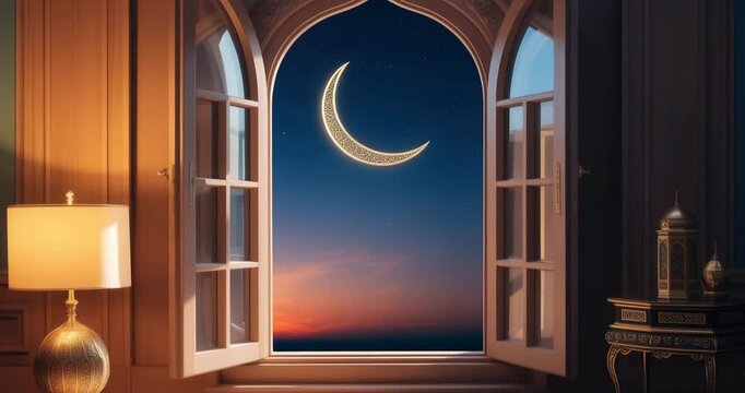 Serene room with crescent moon view through arched window at dusk