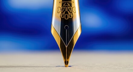 Close up of a fountain pen tip with blue background