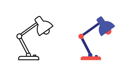 Graphic illustration displaying two styles of adjustable desk lamps one featuring a simple black line art outline and the other a flat modern color design