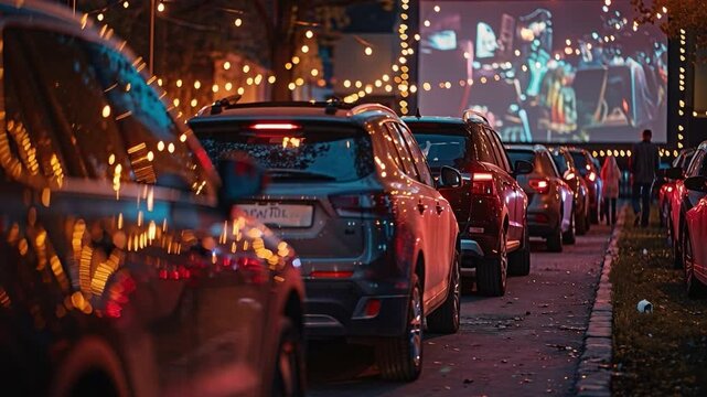 Multiple cars wait in a line at an outdoor movie event. Bright lights illuminate the scene while a film plays on a large screen. The setting is lively and filled with excitement