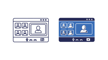 Fototapeta premium Collection of clean line art and colorful flat design icons illustrating a remote video conference call screen interface with multiple participants and controls