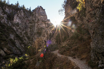 Waterfall flowing through the Gleiersch Gorge near Scharnitz in the Austrian Alps.