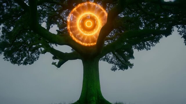 Mystical Tree with Glowing Orb in the Sky