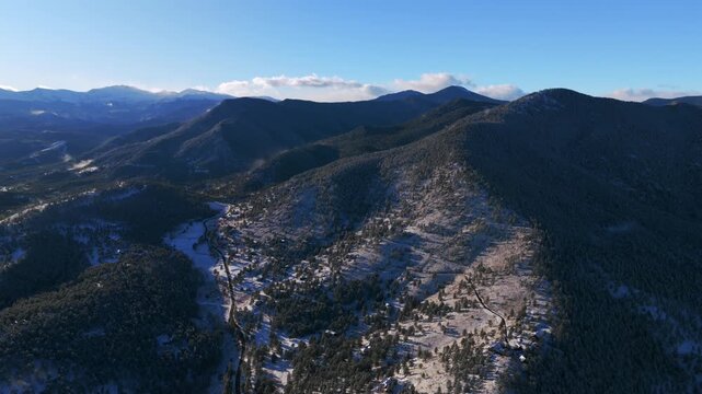Winter snowy Mount Blue Sky Mt Evans Evergreen Colorado aerial drone windy sunny blue sky Front Range Rocky Mountains Witter Gulch Troutdale Village Upper Bear Creek Road Chief Mountain circle right