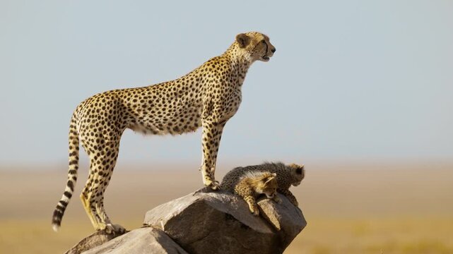 Cheetah mum with cubs standing on a rock in the middle of African savannah