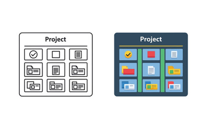 Project management interface display showing task status document organization and folder structures in both outline and filled color icon styles