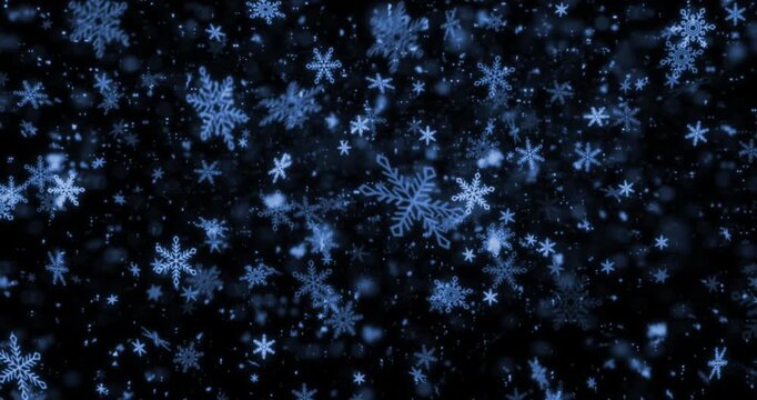 christmas black background with blue snowflakes falling snow from top