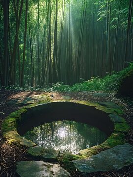 The light and shadow of the bamboo forest by the ancient well