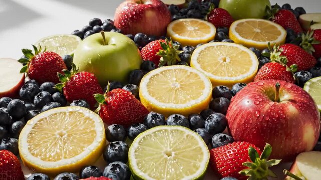 Vibrant fruit arrangement featuring crisp red and green apples, luscious strawberries, plump blueberries, and zesty lemon and lime slices, emphasizing natural wellness and wholesome nutrition.
