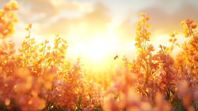 The golden rapeseed field with bees dancing in the sunshine