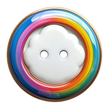 Round white button with rainbow border for colorful fashion accessories and playful sewing craft ideas