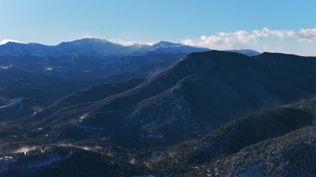 Winter snowy Mount Blue Sky Mt Evans Evergreen Colorado aerial drone windy sunny blue sky Front Range Rocky Mountains Witter Gulch Troutdale Village Upper Bear Creek Road Chief Mountain pan left