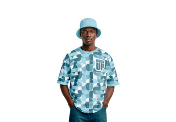 Black Man Wearing T Shirt And Bucket Hat Mockup