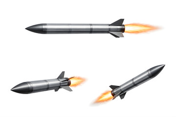 Photorealistic Set of 3 Rocket-Powered Missiles on White Background