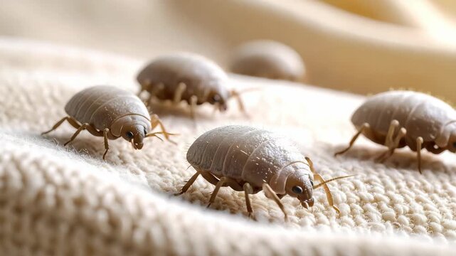 Close-up Macro View of Woodlice Crawling on Textured Fabric