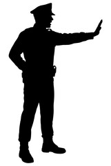 Silhouette of a police officer directing traffic with authority. His raised hand signals a command to halt