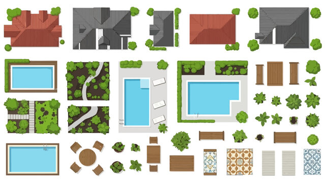 Aerial view of various house roofs gardens pools and landscaping elements