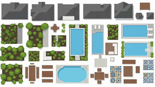 Top down view of a residential property layout with pools and landscaping