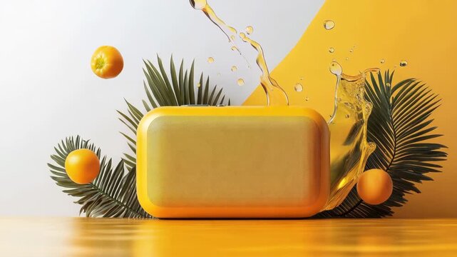 Orange portable speaker with flying citrus and slow motion juice splash on tropical leaf set