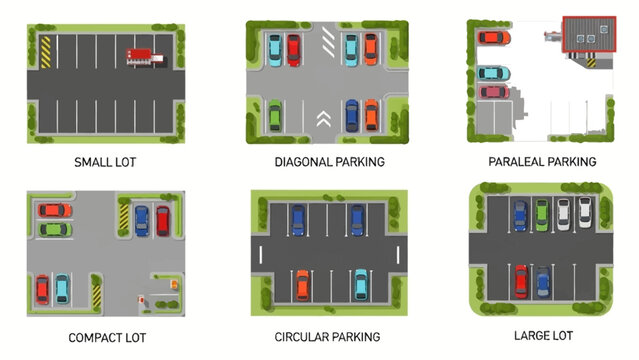 Illustrative overview of various parking lot layouts and configurations