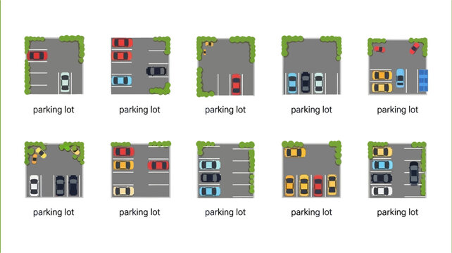 aerial view of various parking lot configurations with different colored cars