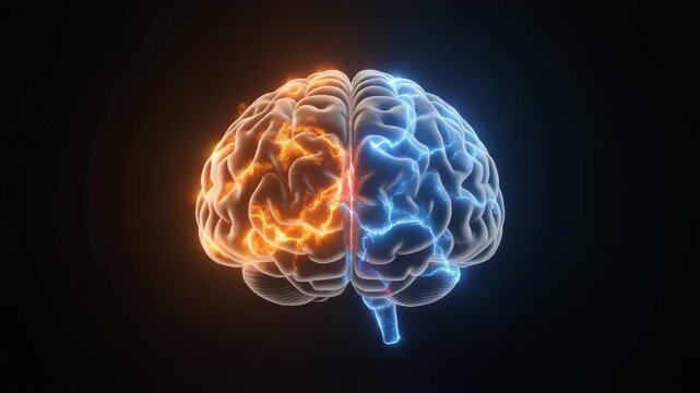 A glowing brain illustration showcasing the contrast between the left and right hemispheres, highlighted in orange and blue hues against a dark backdrop