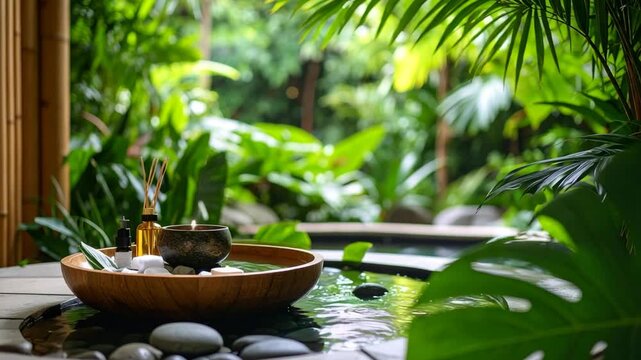 Serene spa setup with natural elements and tropical greenery outdoors