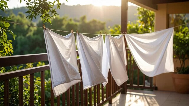 White linens drying on a clothesline on a sunny balcony with green foliage