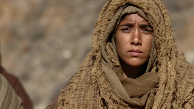 A young woman in traditional arid climate head covering with a companion. Nomadic desert journey representing ancient biblical times.