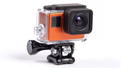 Orange action camera in a transparent waterproof case, mounted on a black clamp-style mount. Concept Orange action camera in waterproof housing, Clamp-style mount setup