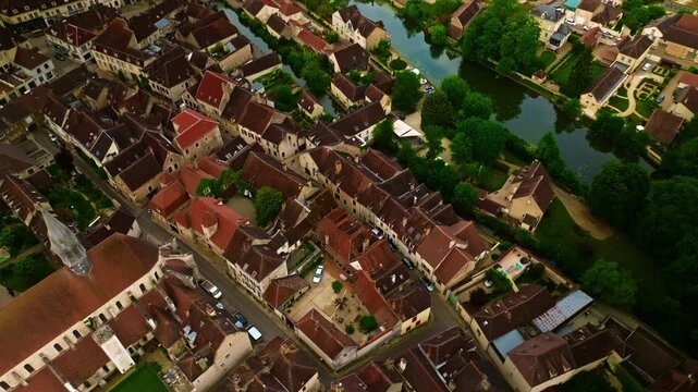 Aerial view of the famous French small town of Chablis, where grapes are grown and famous wine is made. Burgundy Region, France