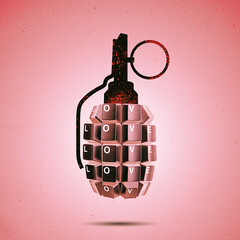 A hand grenade assembled from keyboard buttons with the word LOVE.