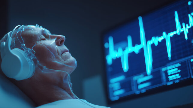 Senior patient undergoing EEG sleep study with headphones