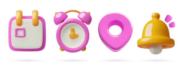 Date, time, address and notification 3d icons set. Calendar, alarm clock, location pin and ringing bell vector illustrations for business.