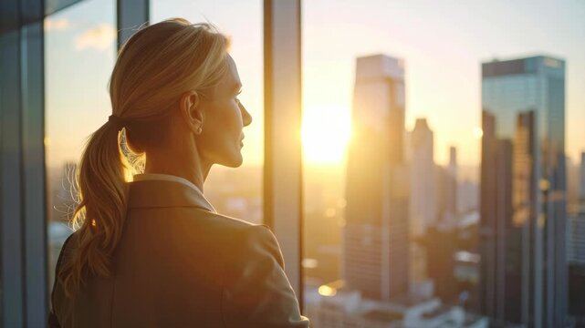 Confident businesswoman looks out large window at city skyline during sunset
