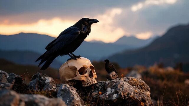 Large raven perched on human skull with smaller bird on skull in rugged mountain landscape at dusk