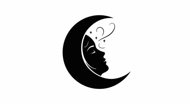 Mysterious crescent moon profile with serene face and swirling celestial elements